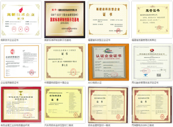 福建省閩發（fā）鋁業股份有限公司榮譽證書