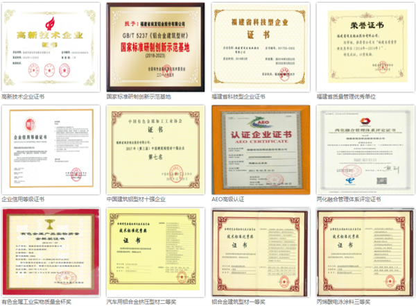 福建省閩（mǐn）發鋁業股份有限公司部分（fèn）榮譽證書（shū）